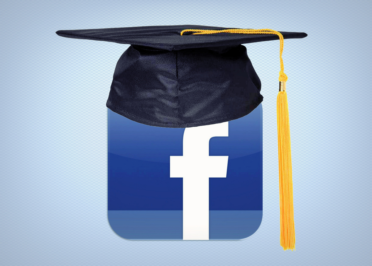 A tasseled graduation cap atop a blue box containing a white lower case f (the Facebook logo). 