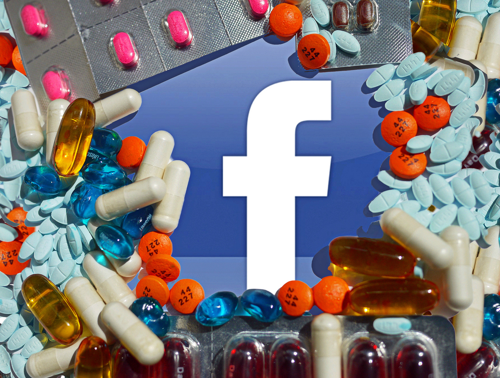 A lower case f (the Facebook logo) surrounded by a collection of pills and tablets. 